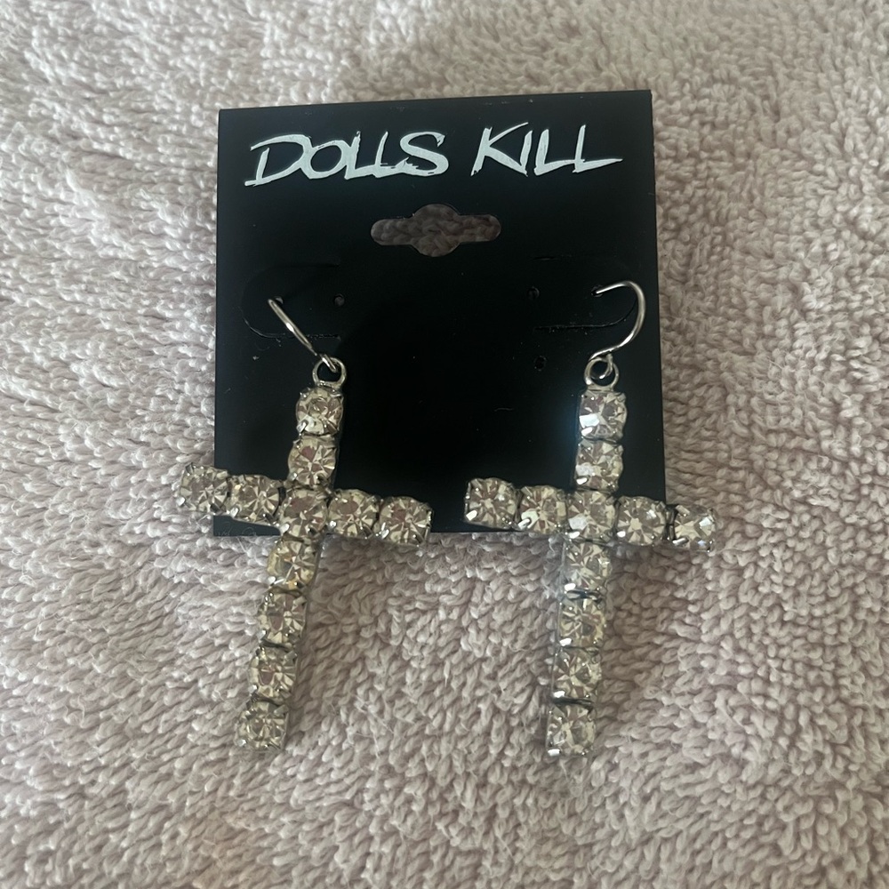 Dolls Kill Silver Rhinestone Cross Earrings